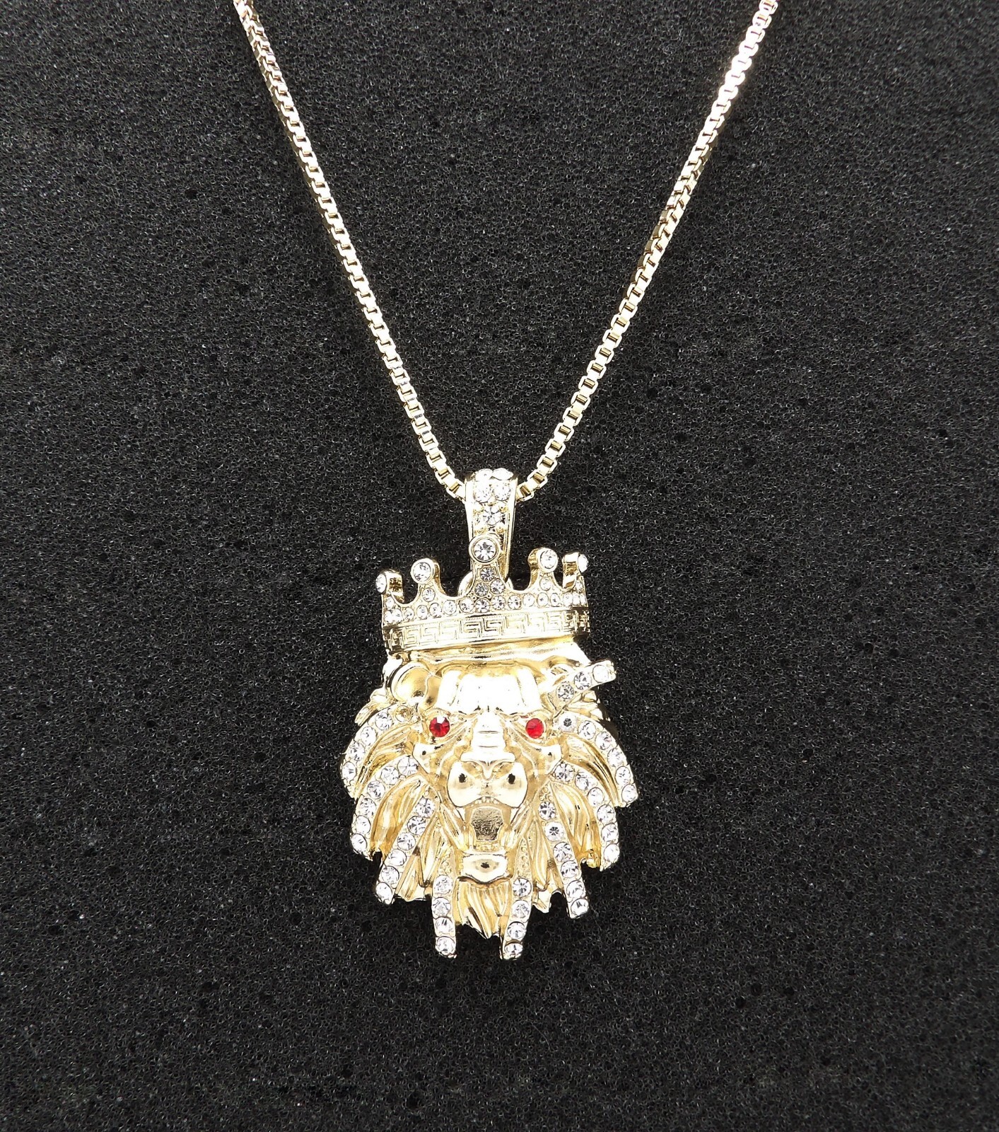 Ice Red Eye King Lion Pendant Box, Cuban, Rope Chain 18″ to 24″ Necklace XZ438RD