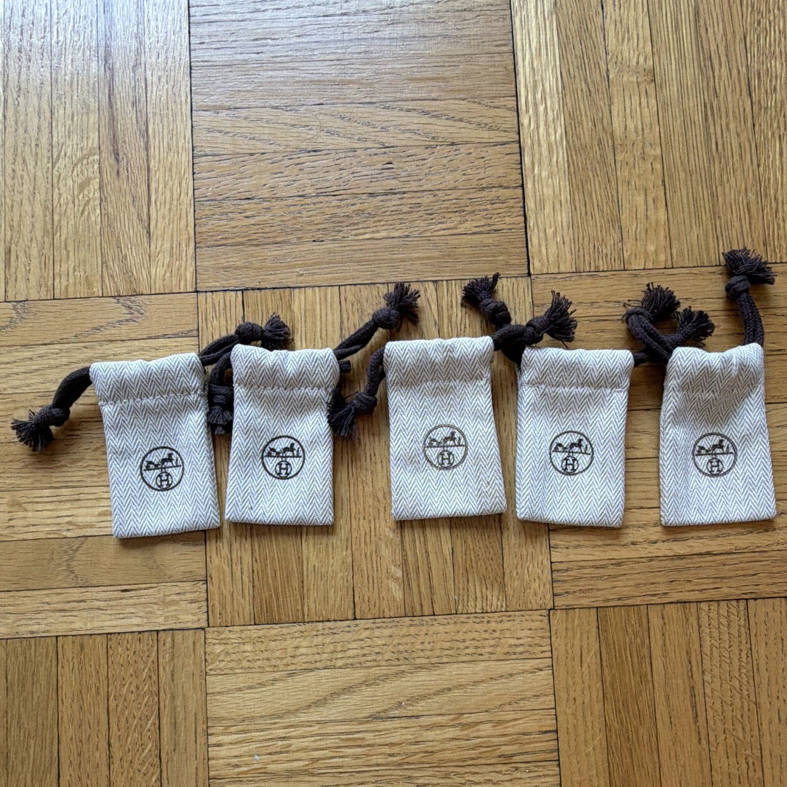 Hermès Beige/Brown Drawstring Fabric Jewelry Pouches Bags Lot of 5