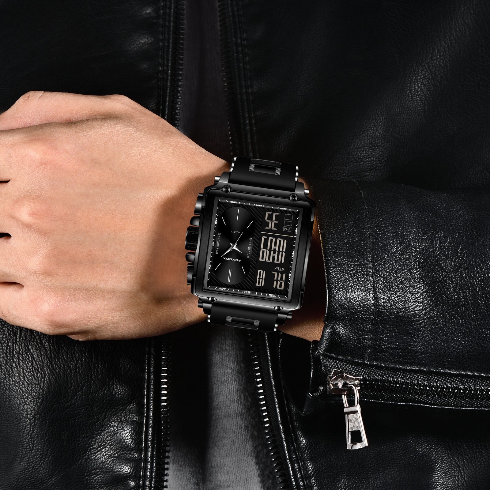 Sport Men Watch Quartz Square Big Dial LED Digital Waterproof Male Wristwatch