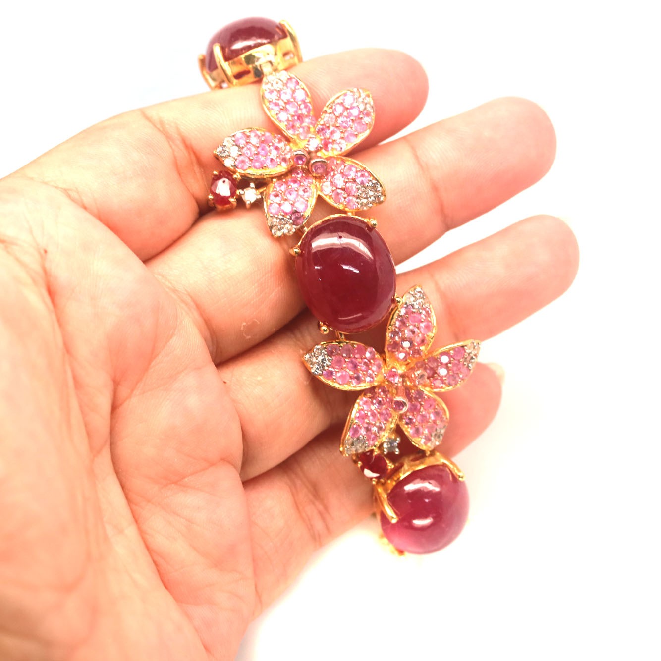 Thai Handmade 15 x 16 mm. Red Ruby Sapphire Zircon Bracelet 9.0 In.