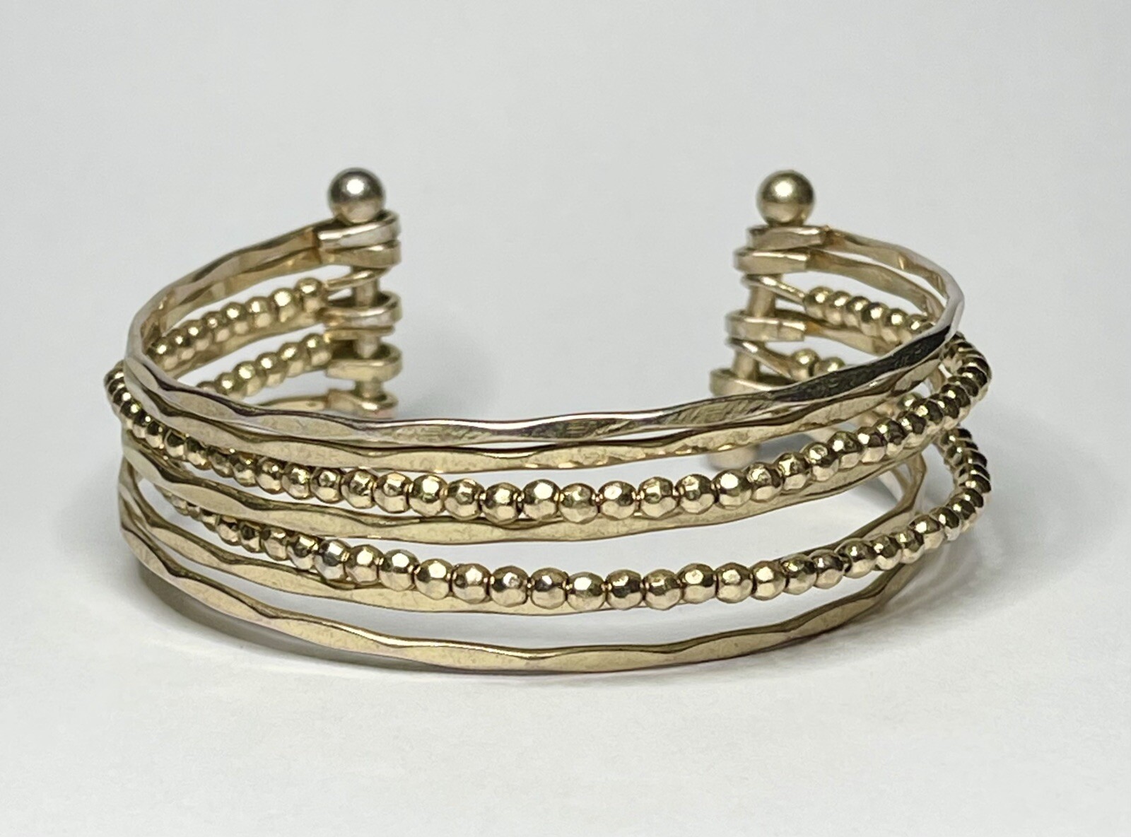 Gold Plate Various Strand Cuff Bracelet Connected With Bar Textured Solid Beaded