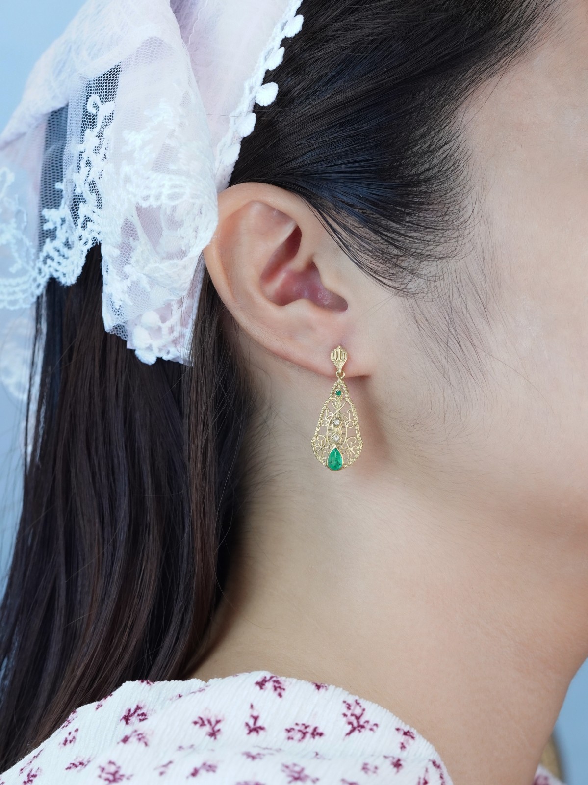 9K Yellow Gold Emerald Diamond Accent Teardrop Filigree Earrings