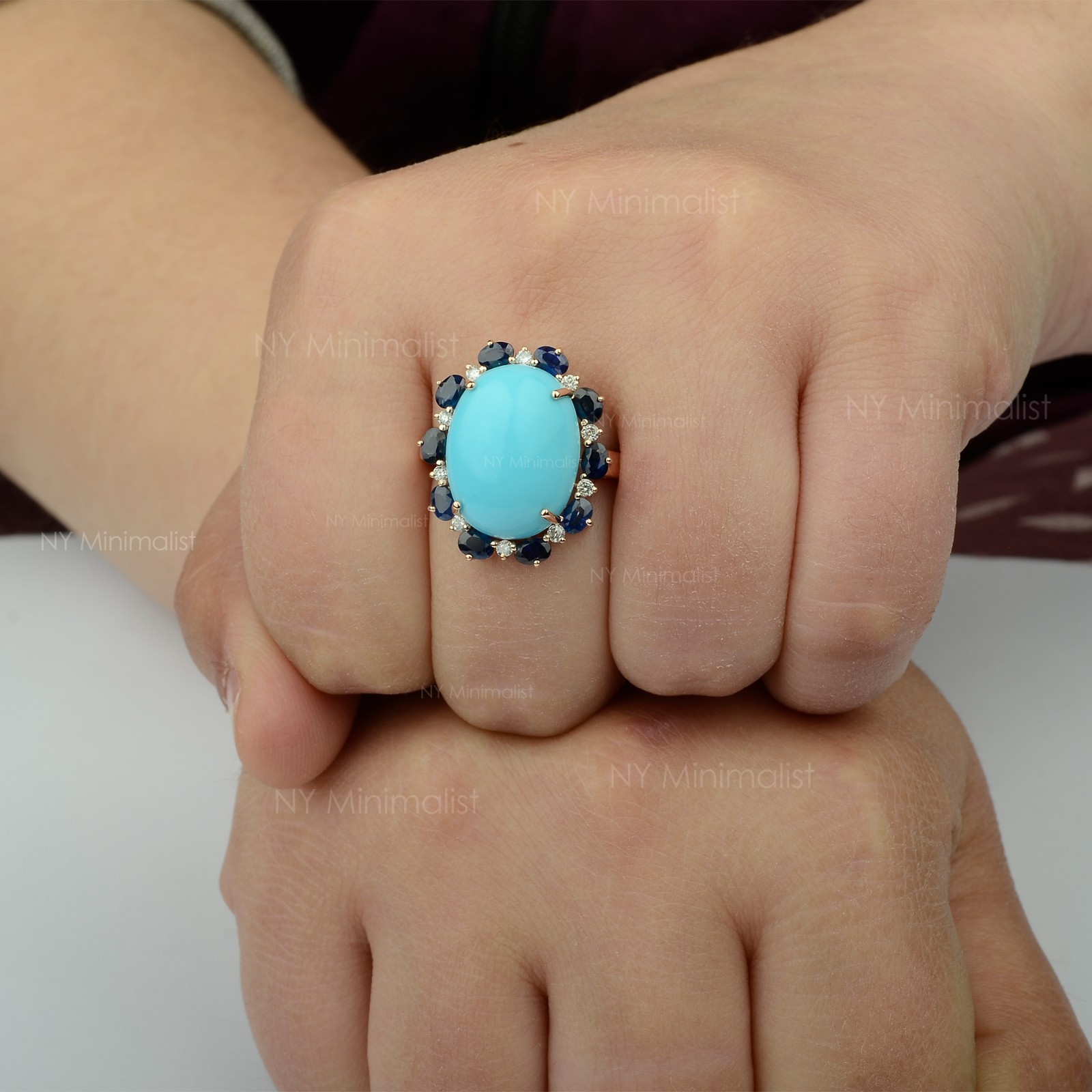 14K Solid Gold Genuine Oval Turquoise Blue Sapphire and Diamond Engagement Ring