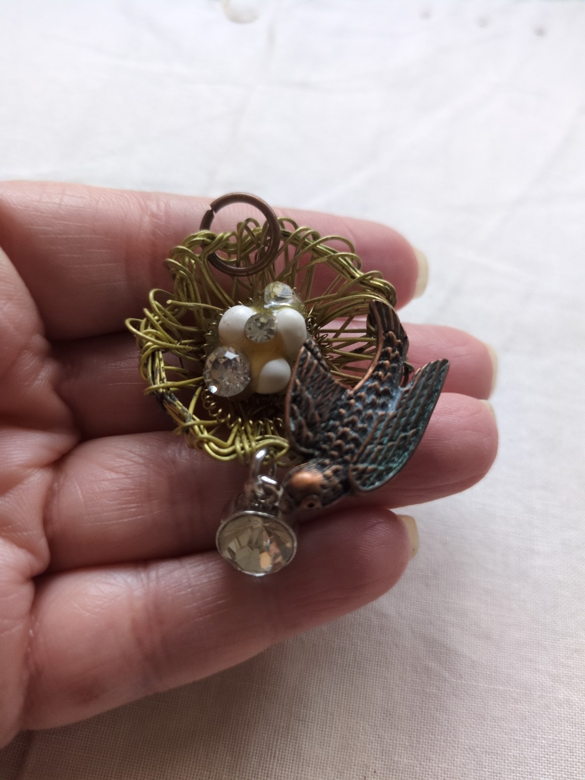 VTG Wirework Bird Nest W/Copper Bird, Eggs And Rhinestones Accents Pendant, 2″