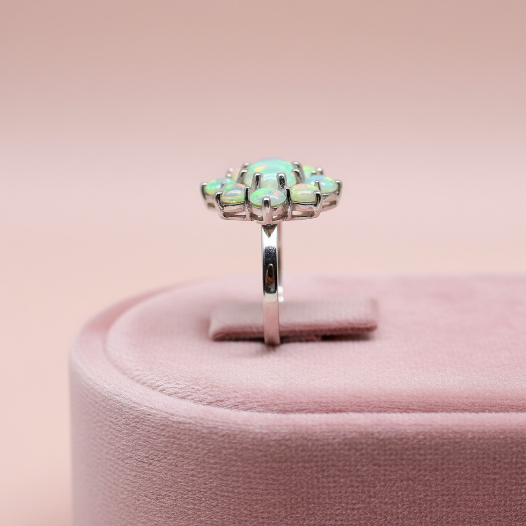 Ethiopian Opal Cluster Flower Ring 925 Sterling Silver Handmade Jewelry