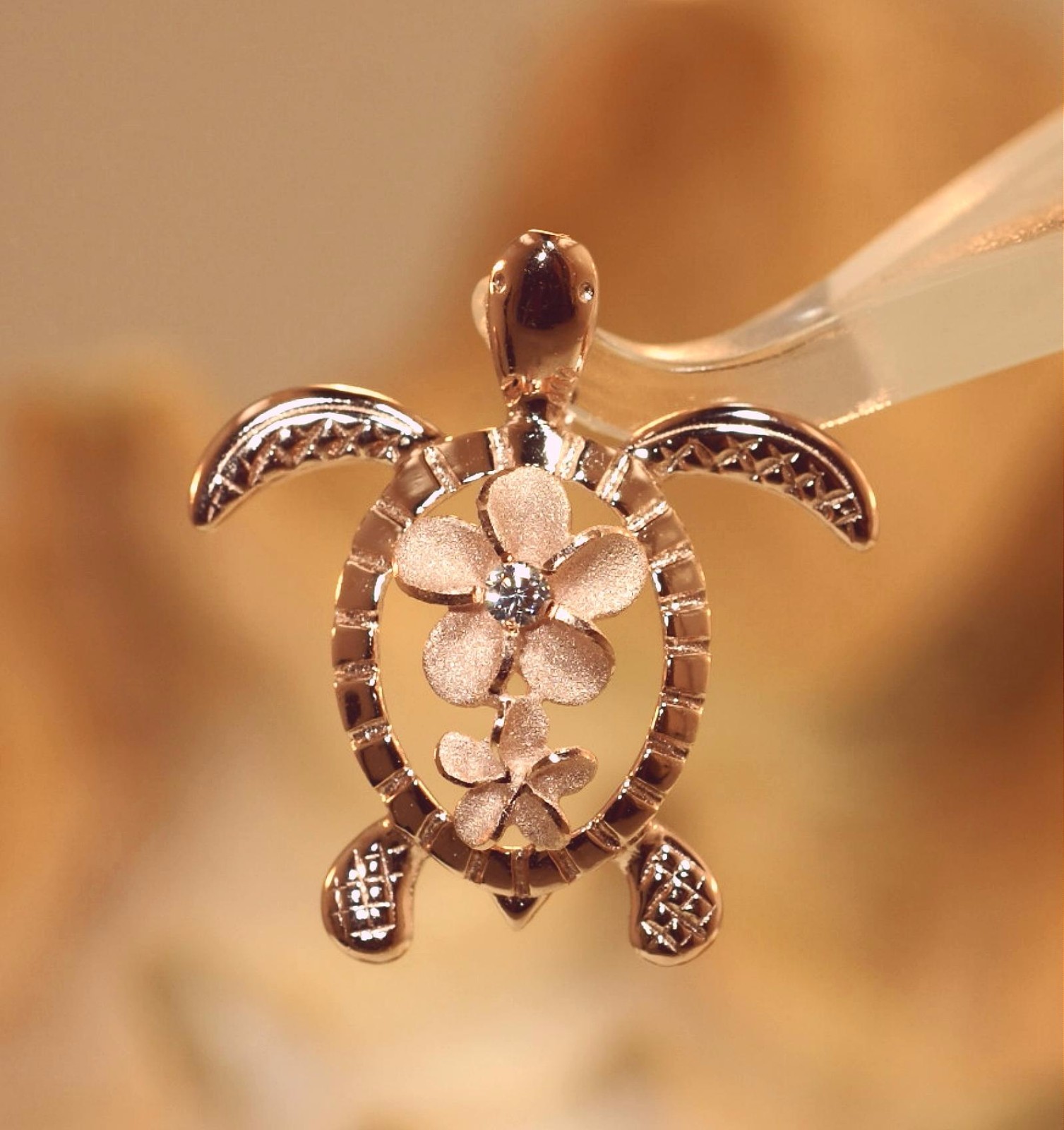 21.5MM ROSE GOLD PLATED 925 SILVER HAWAIIAN HONU SEA TURTLE PLUMERIA CZ PENDANT