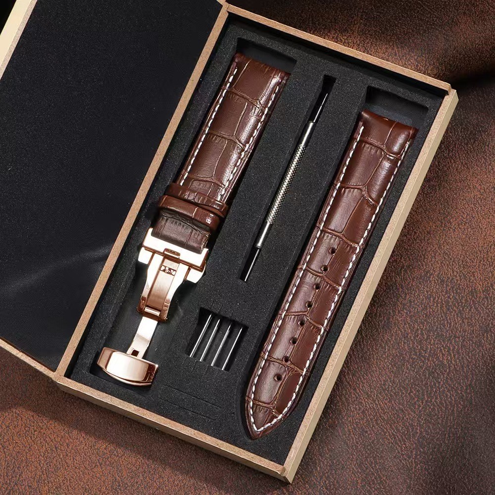 Genuine Leather Watch Band High Quality Cowhide Strap Deployment Clasp 19-24mm