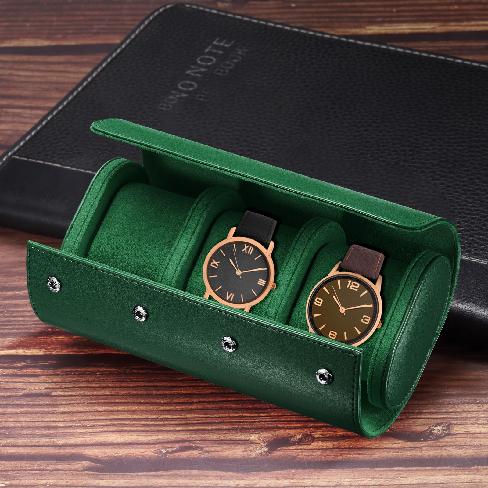 1/2pc Leather Watch Travel Case Men Women Holding 3 Slot Green Brown Storage