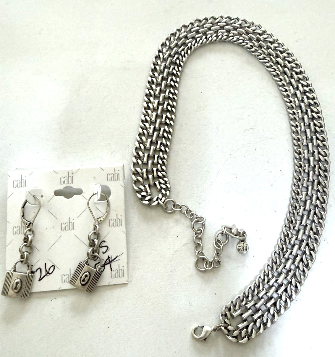 CABI Mesh Silvertone Necklace & Lock Earrings