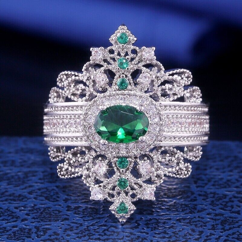 Authentic Vintage Style Wedding Ring Silver Plated 2.12 Ct Simulated Emerald