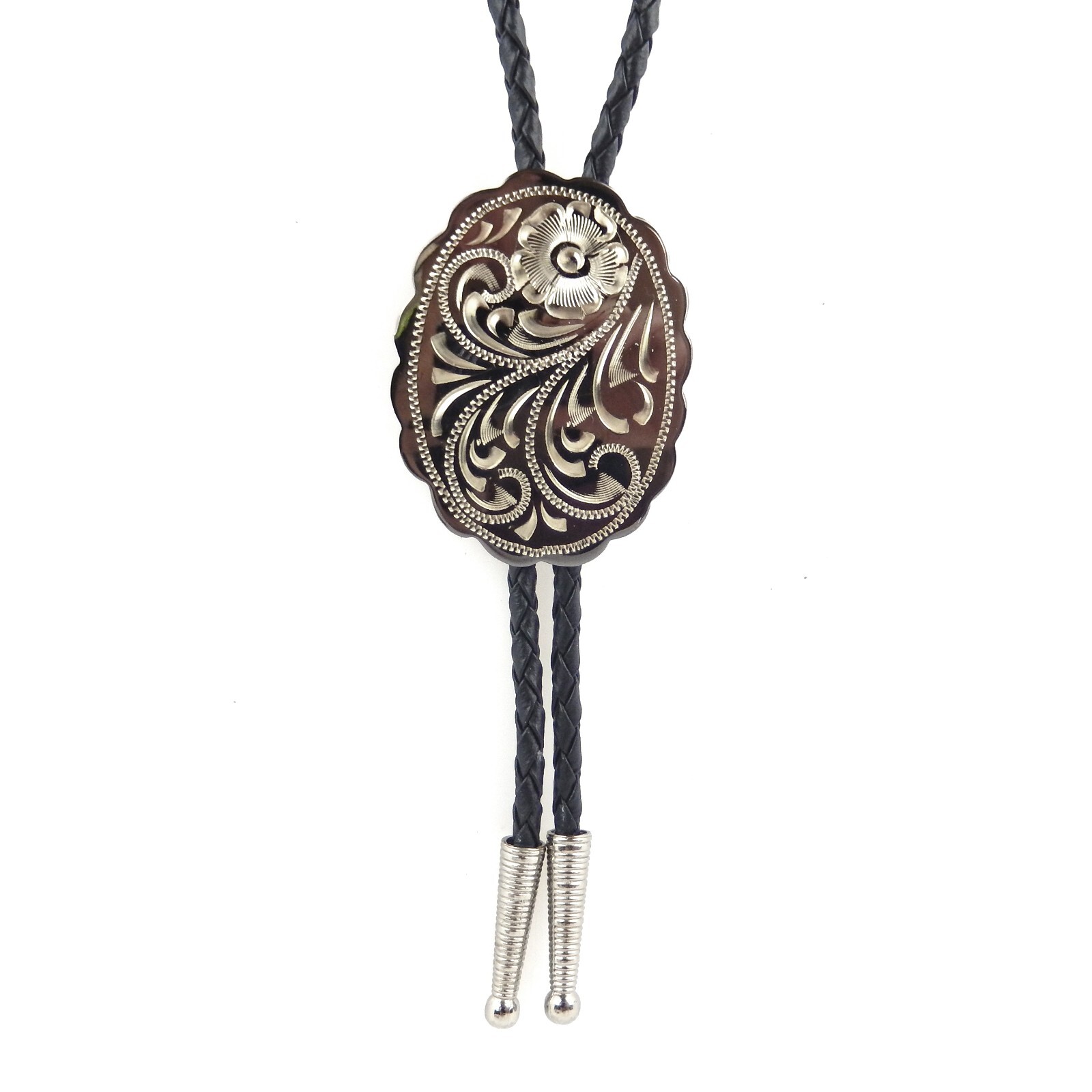 Engraved Floral Bolo Tie Adjustable 36″ Cord USA Made Western German Silver