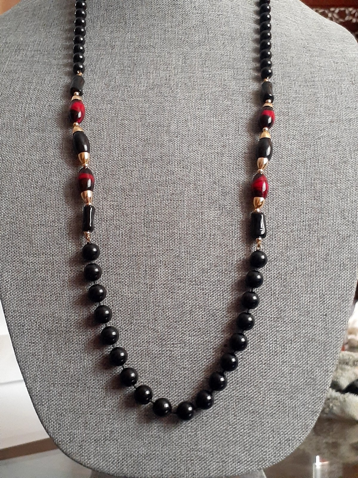 Vintage Lucite Black And Multi color Bead Single strand Necklace