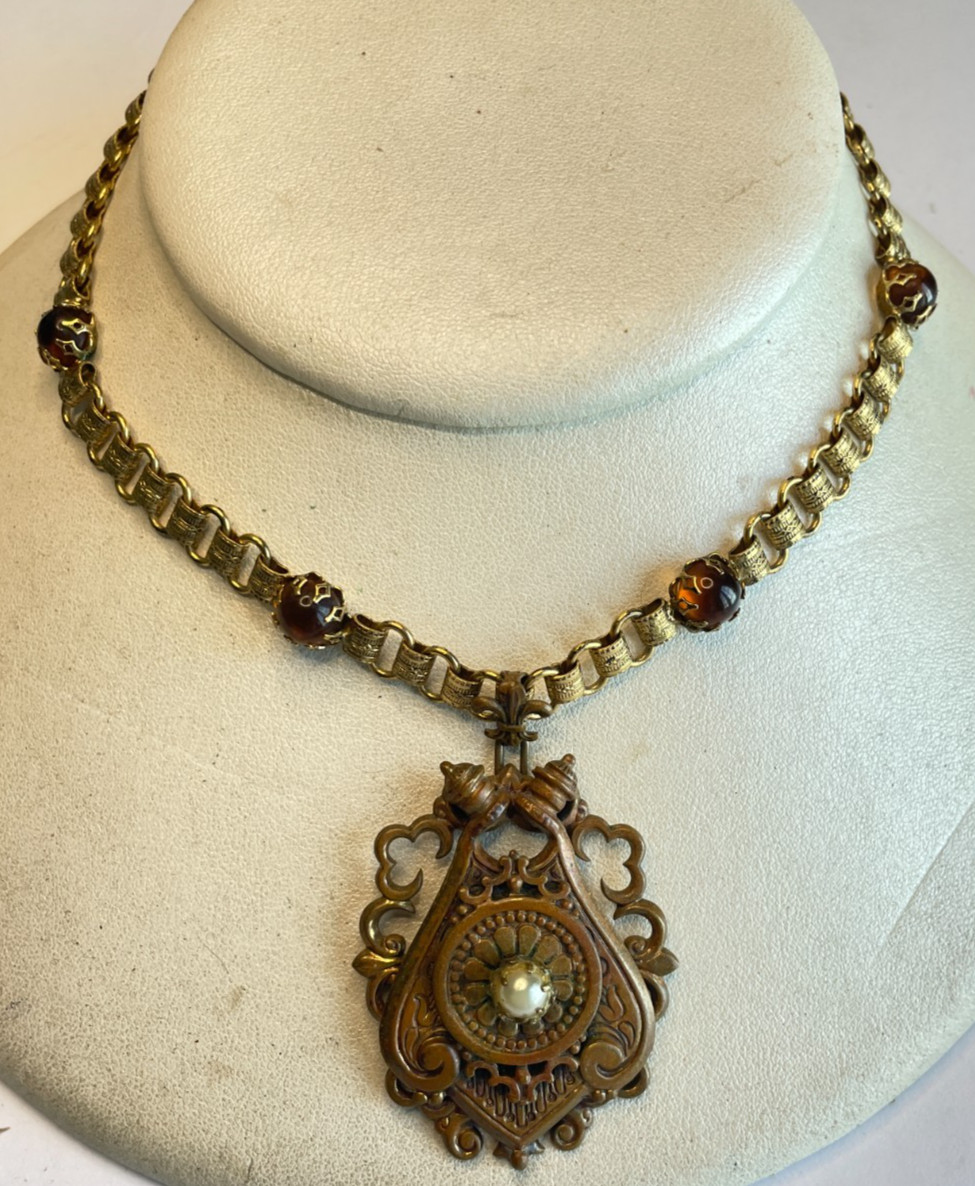 Vintage Victorian Revival Brass Book Chain Necklace Etruscan Revival Pendant