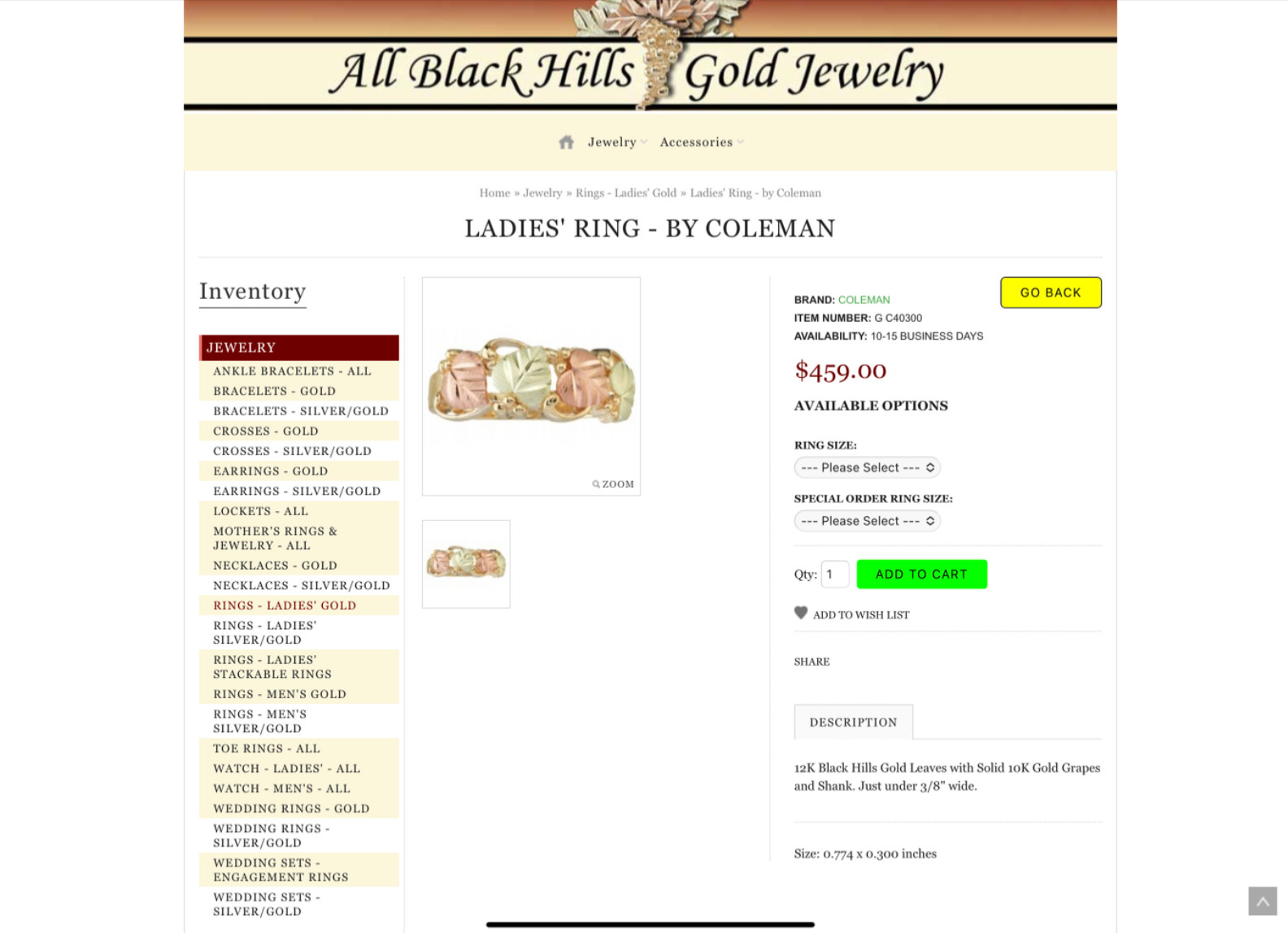 Black Hills Gold 10k Traditional Wide Band Leaves Ring Size 7
