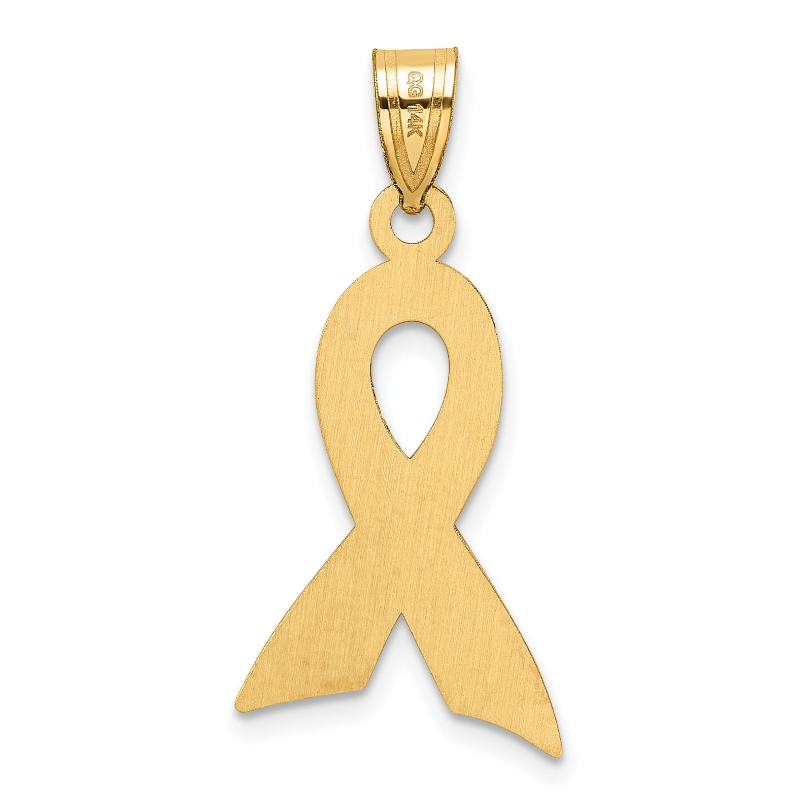 14k Yellow Gold Large Enameled Pink Awareness Ribbon Pendant Necklace Womens