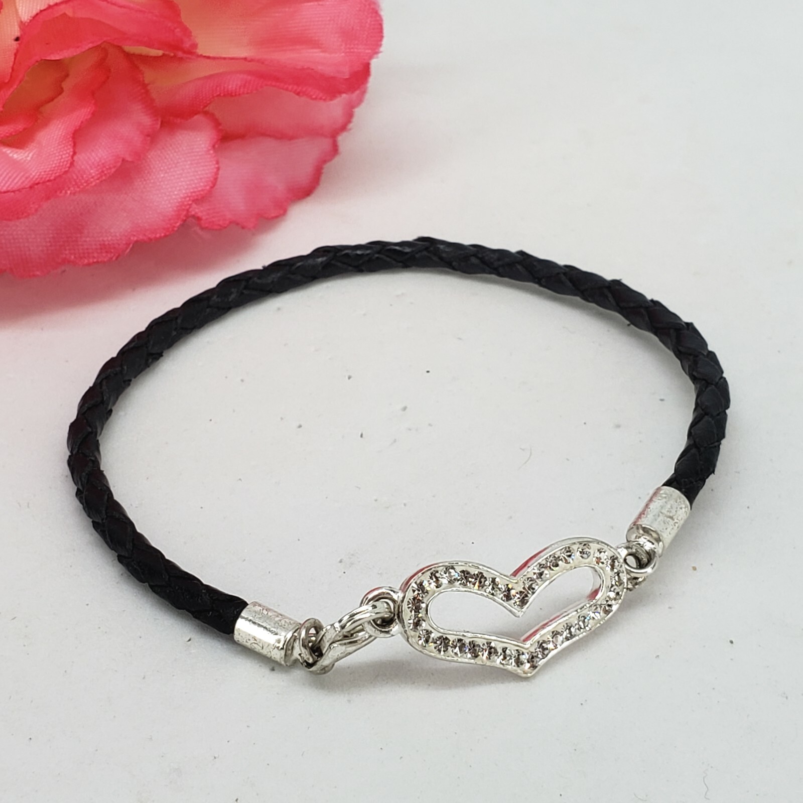 Marked 925 STERLING SILVER Crystal Heart Black Cord Bracelet