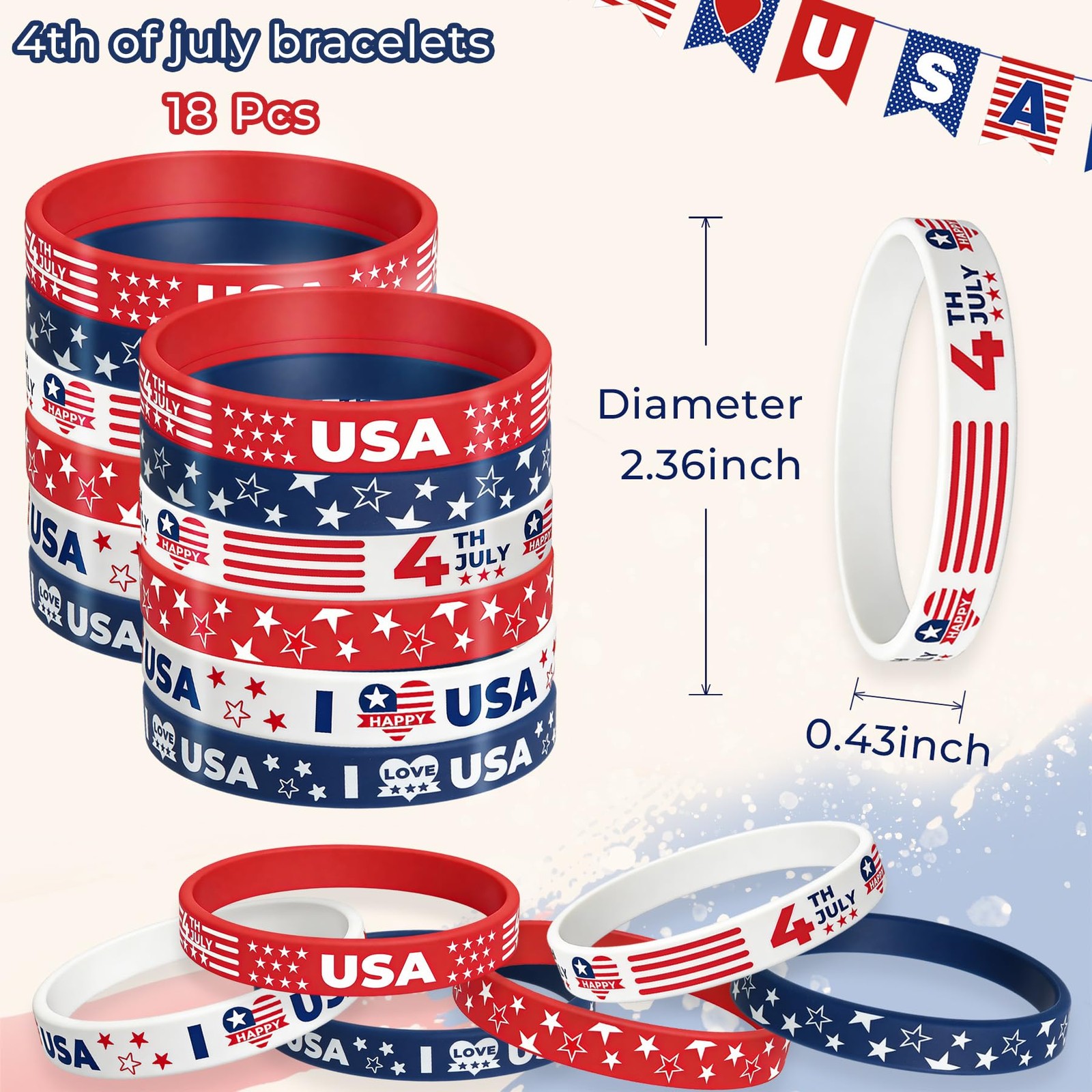 American Flag Silicone Bracelet 18 Pcs 4th of July Patriotic Wristbands | Red Wh