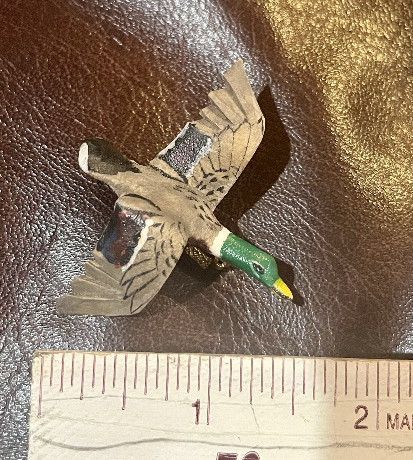 Carved Wood Mallard Duck in Flight Bird Brooch Pin