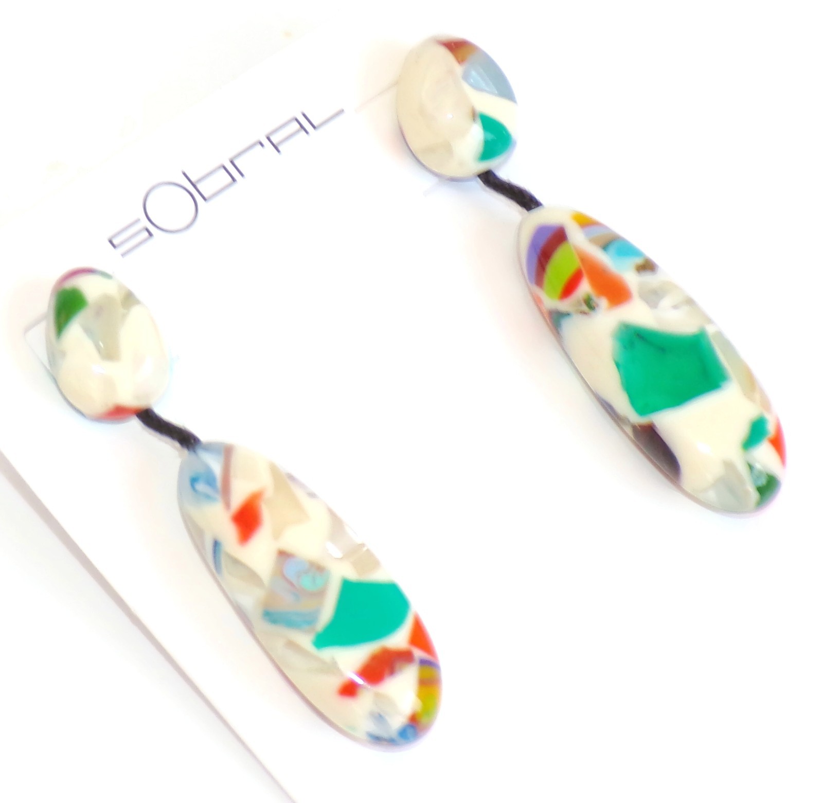 Sobral Caillou Multicolor Mosaic White Bead Artist Made Dangle Post Earrings