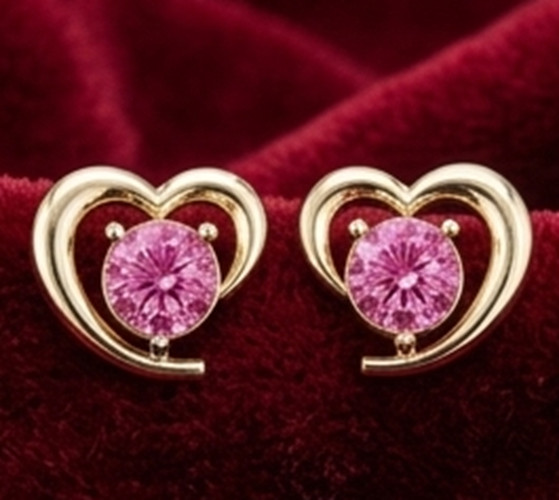 3ct Round Simulated Pink Ruby Cute HEART Stud Silver Earrings Yellow Gold Plated