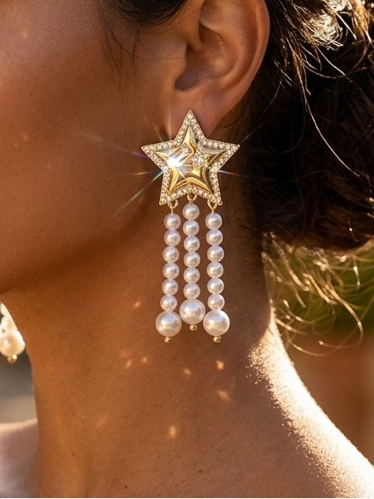 Gold Crystal Star & Pearl Tassel – Patriotic 4th of July – Stainless Steel