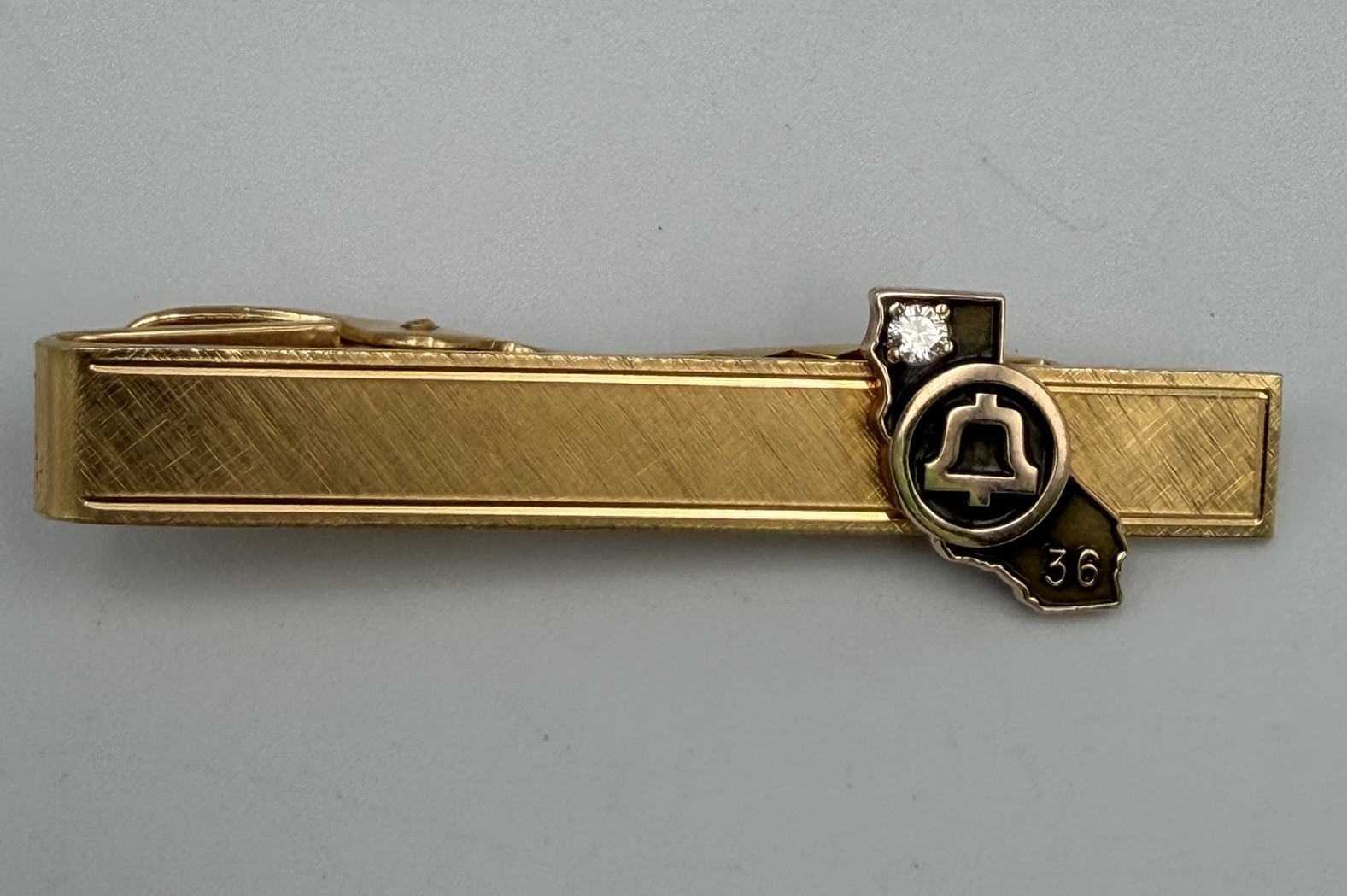 Vintage 12K GF Tie Clip 10K Gold Bell Emblem Stone Accent Men’s 36