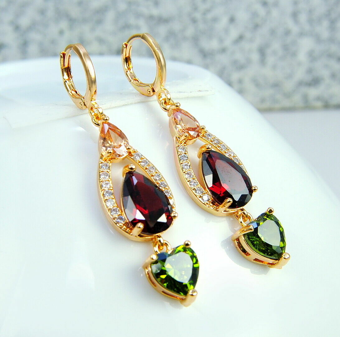 3 CT Pear Cut Red Garnet And Peridot Drop Dangle Earrings 14K Yellow Gold Finish