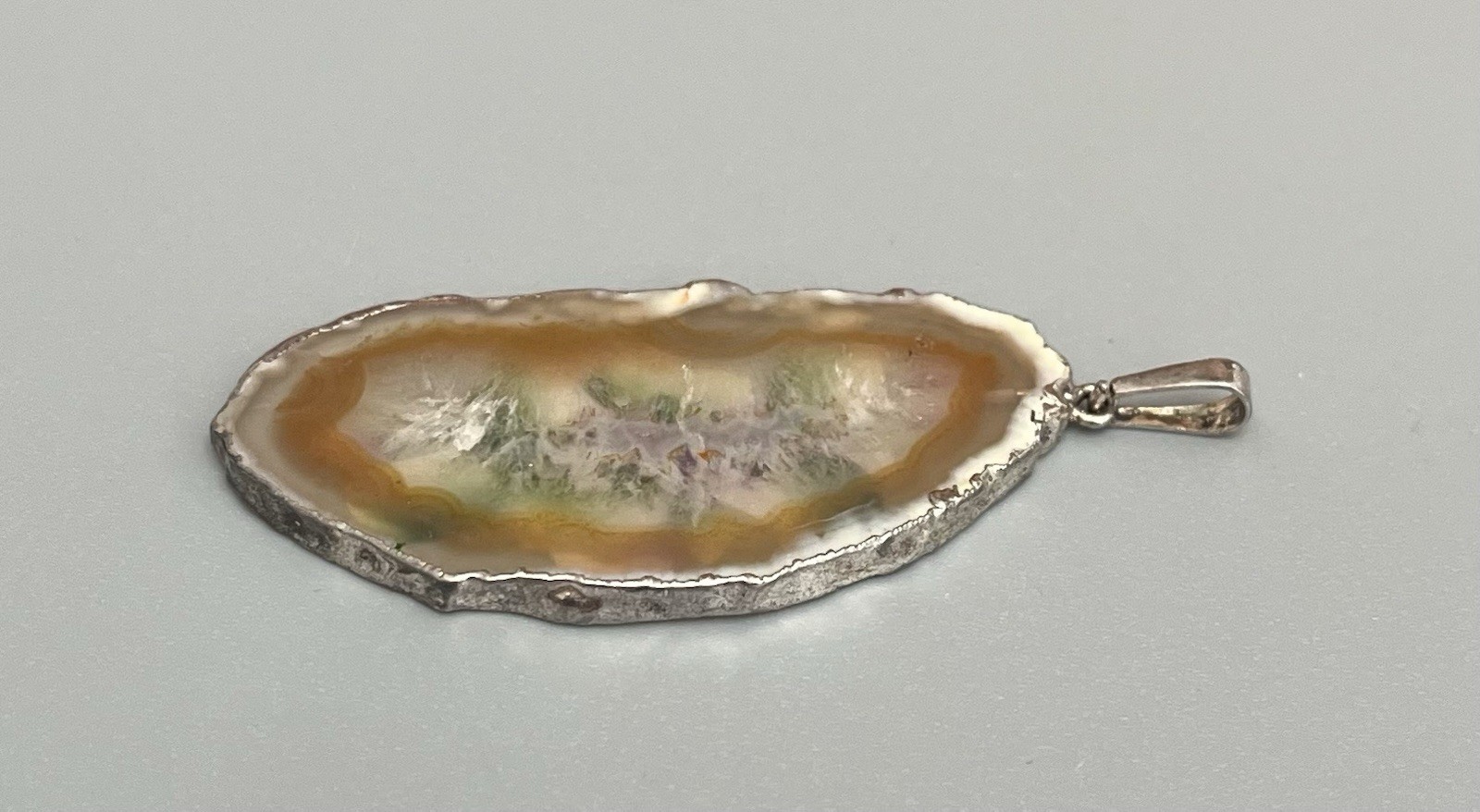 Vintage Hand Painted Translucent Agate Slice Pendant Purple Flowers Silver Tone