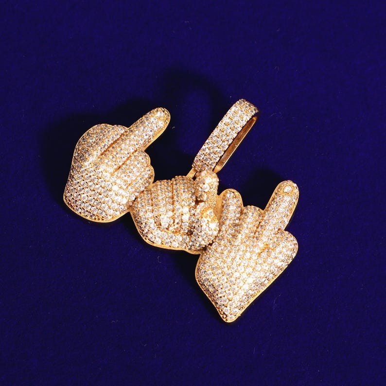 Iced Out Middle Finger Pendant Moissanite Hip Hop Men’s Funny Jewelry Gift