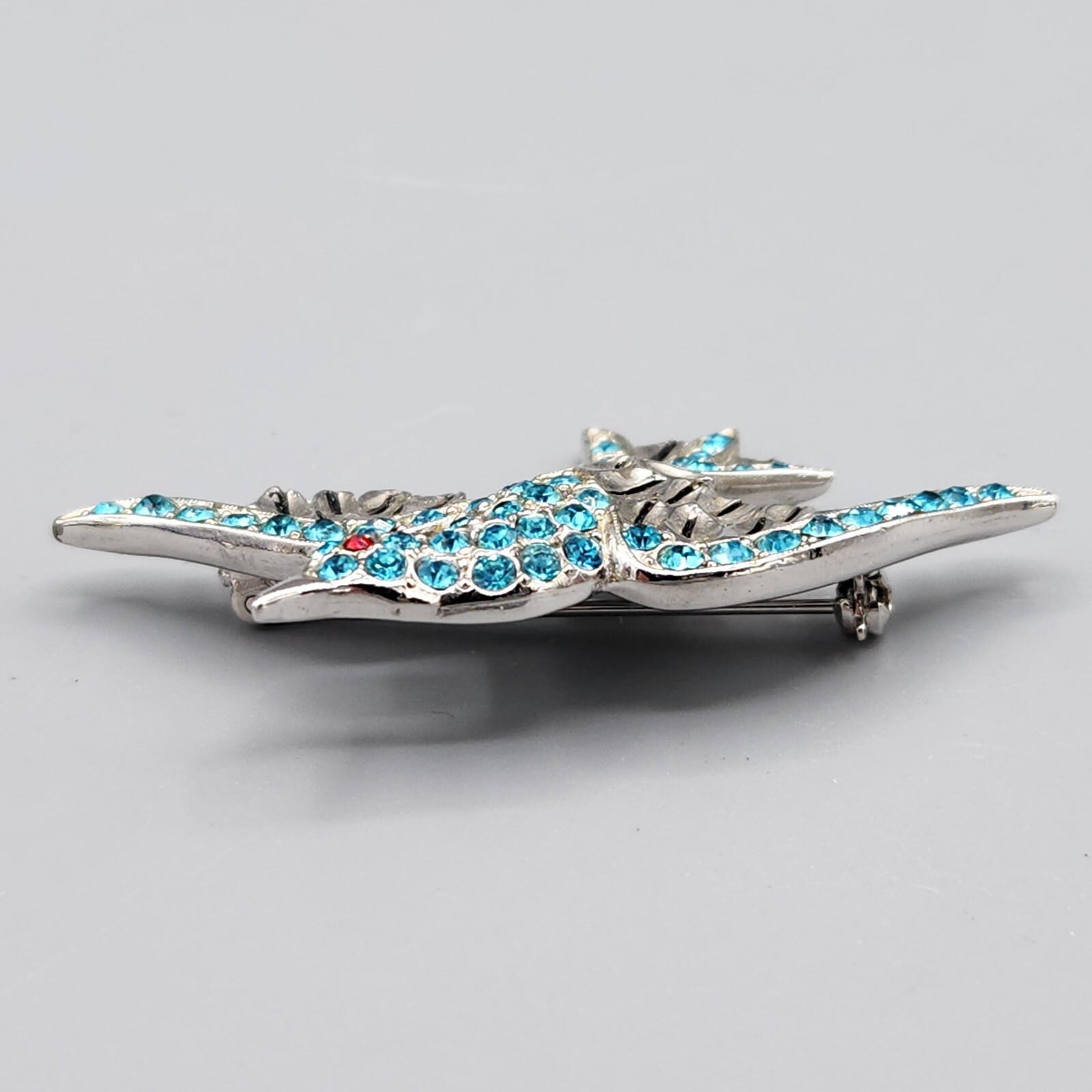 Vintage Retro Ora Signed Figural Blue Rhinestone Rhodium Plate Bird Brooch