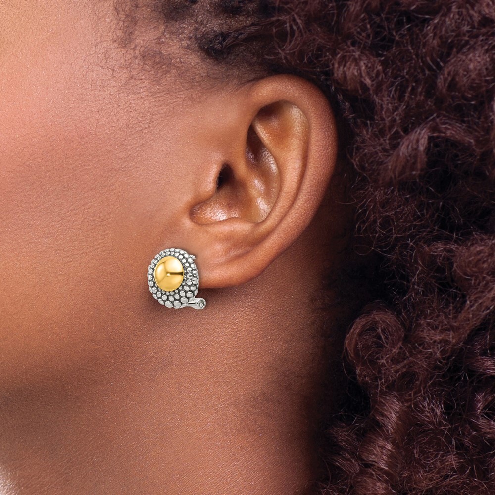 13.7mm Sterling Silver Antiqued & Gold-tone Circle Omega Back Post Earrings