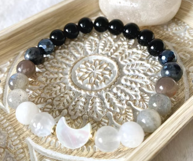 Pearl Moonstone Labradorite Bracelet Moon Phase Charm Crystal Healing Jewelry