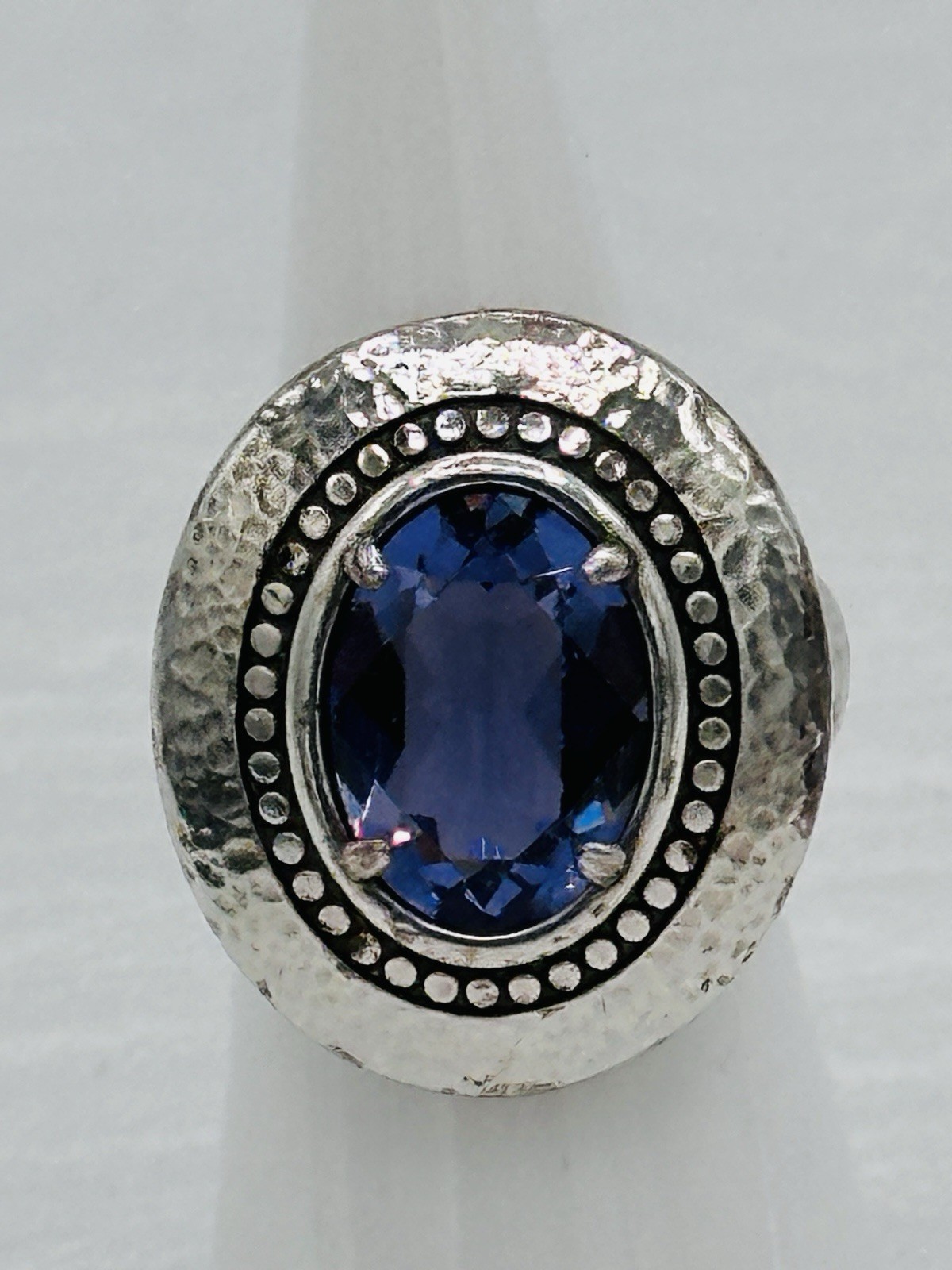 Brighton Silver Plated Blue Crystal Halo Statement Ring Hammered Band 5.75