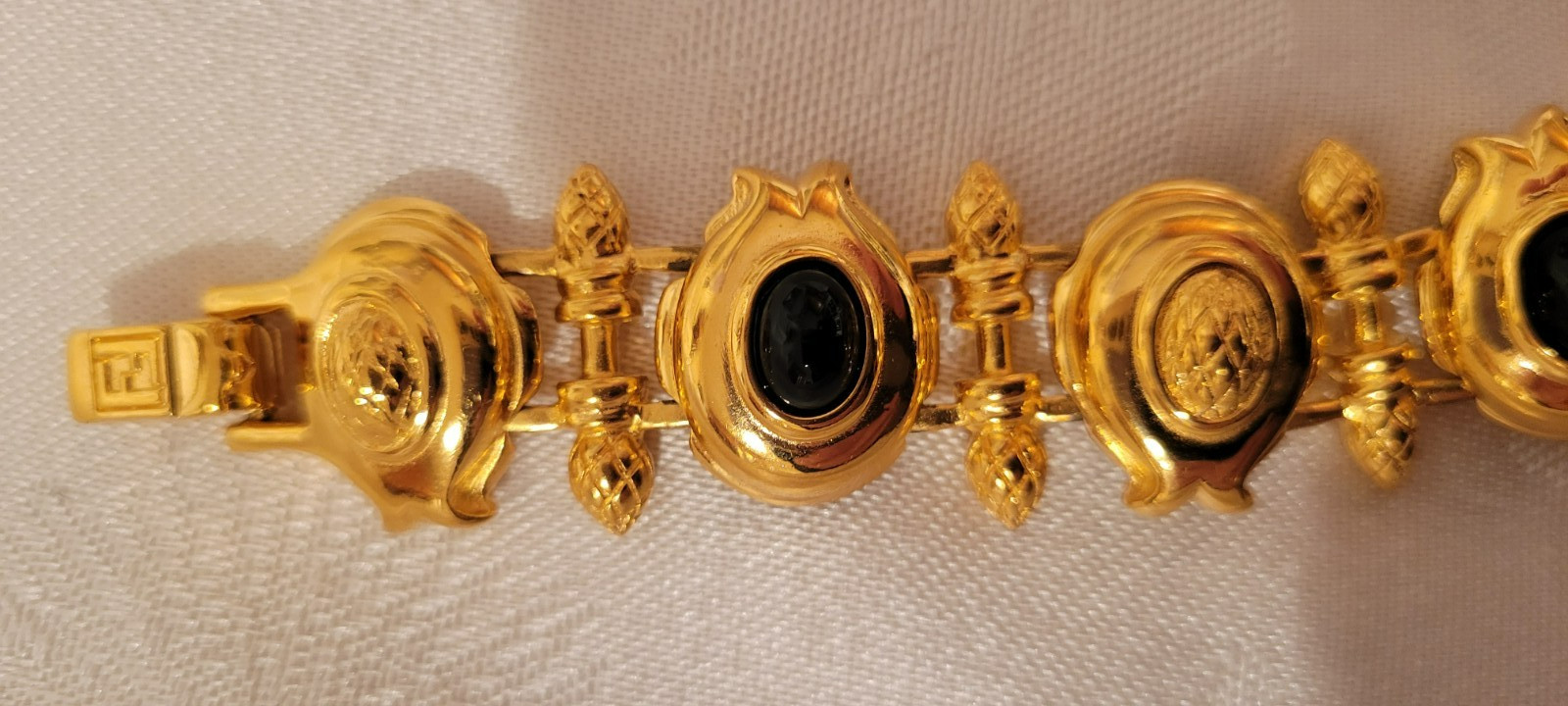 VTG Fendi Gold Link & Blk Cabochon Logo Bracelet 1980’s MINT