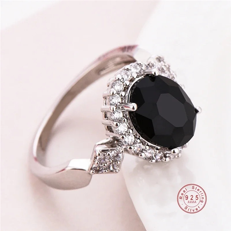Stackable Ring 925 Sterling Silver Round Black Zircon Tension Mount Jewelry