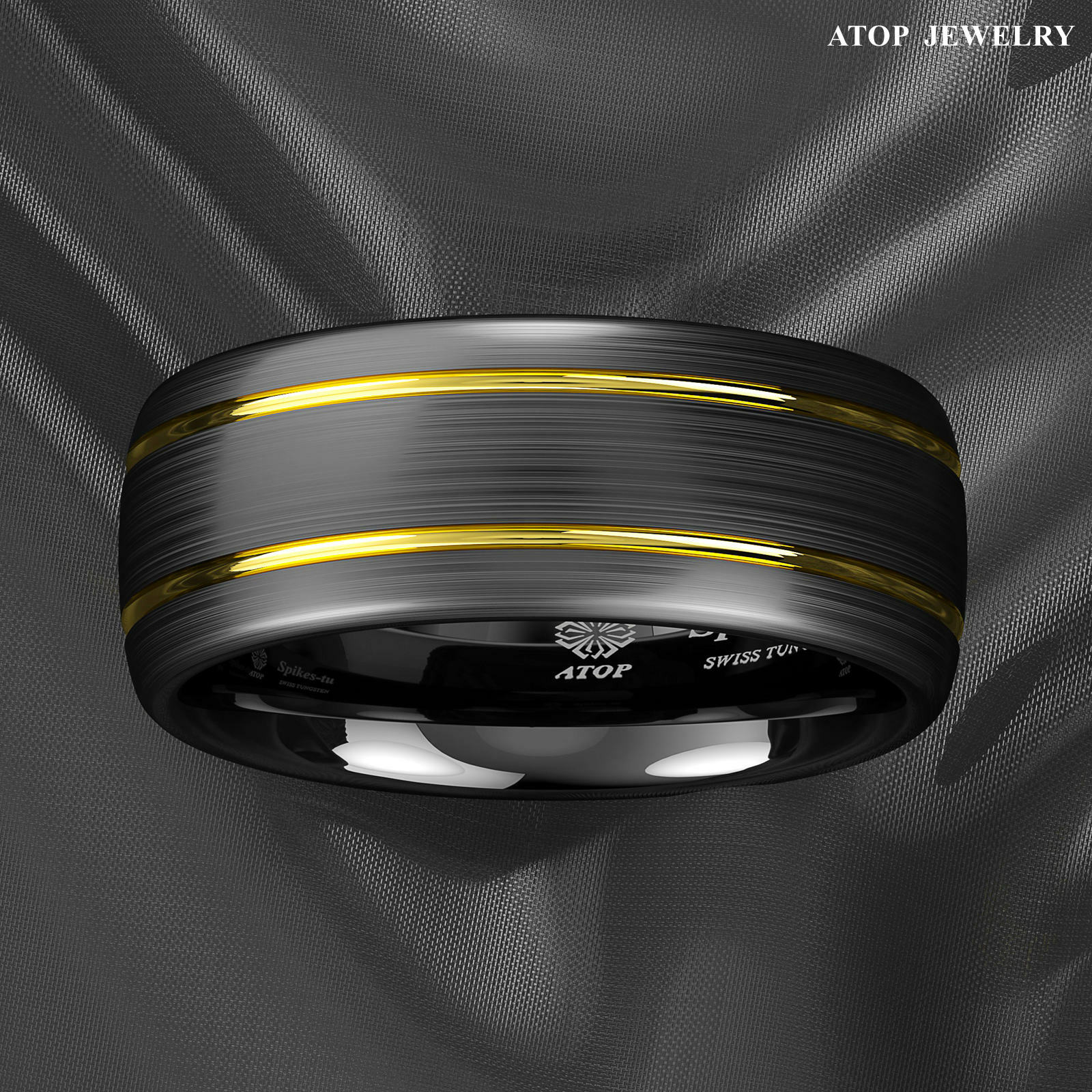 8mm Tungsten Ring Black Brushed Dome 18k gold Wedding Band ATOP Mens Jewelry