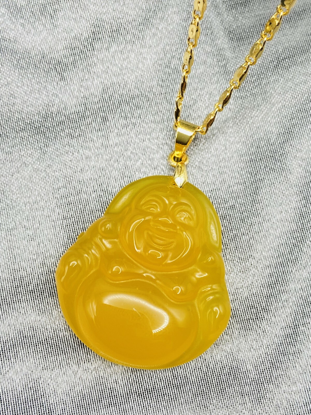 Jade Smiling Buddha Pendant Charm Necklace W/ 18K Gold Plated Chain Handmade