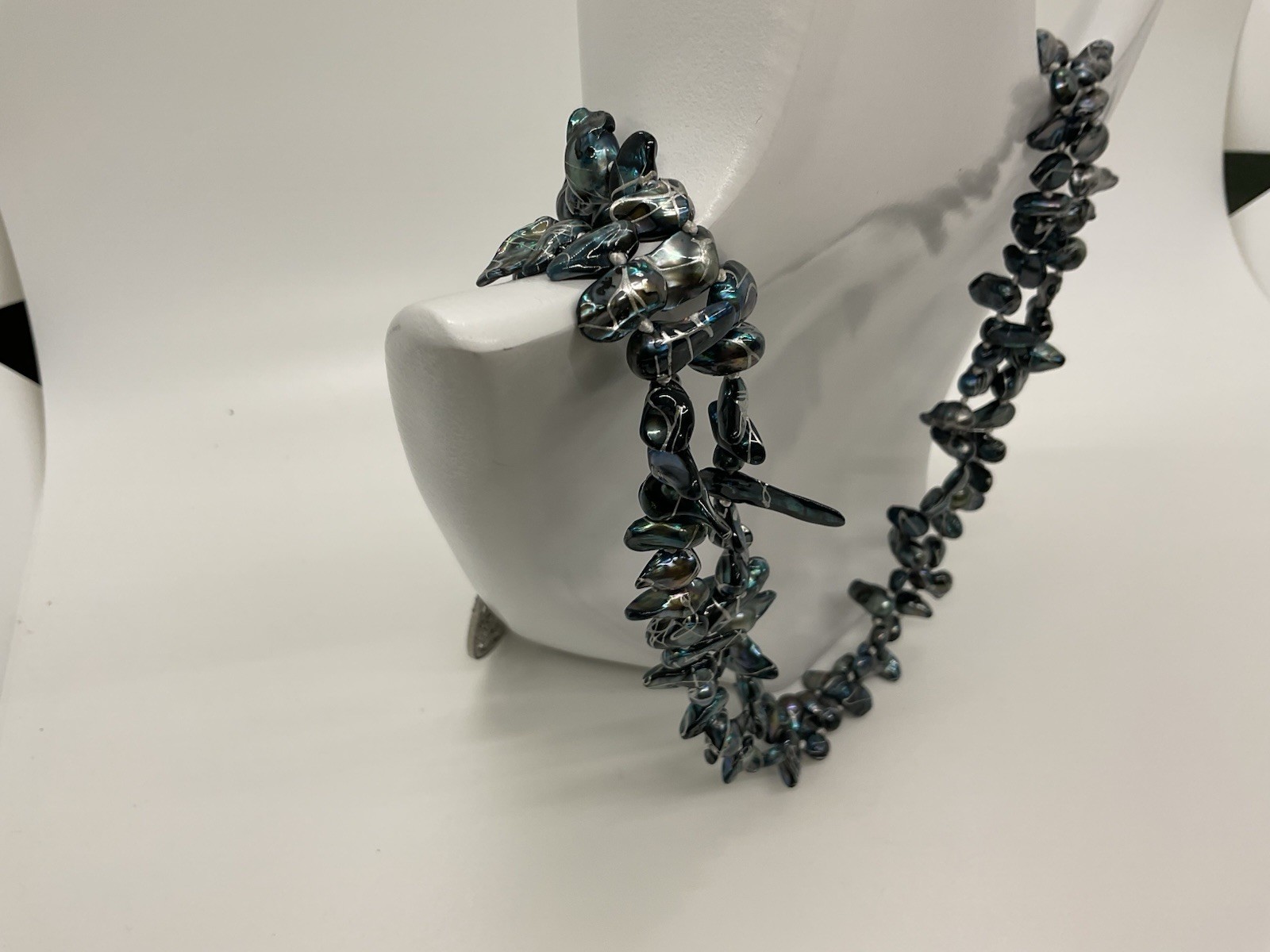 Multi-Strand Gray Beaded Ball Chain Necklace w/ Round Silver-Tone Medal Pendant