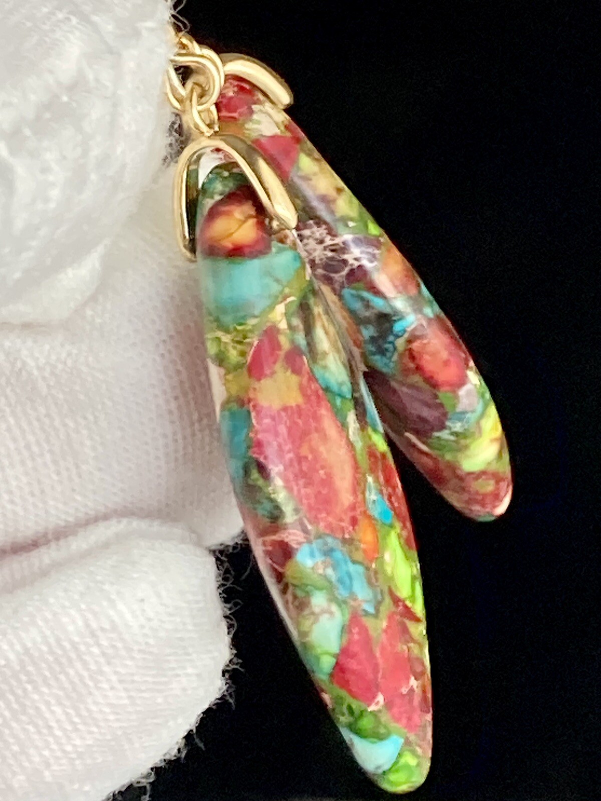 Jasper Stone Natural Imperial Leaf Dangle Drop Multicolor Earrings 7.71g Ladies