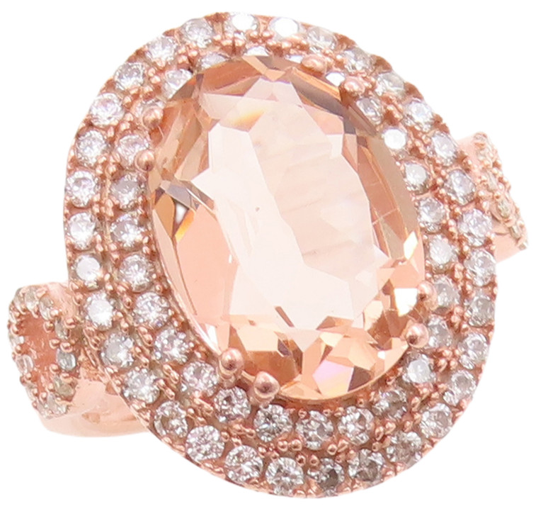 925 Sterling Silver Vintage Ring Gold Plated Oval Morganite & CZ Sz 7 RG30545