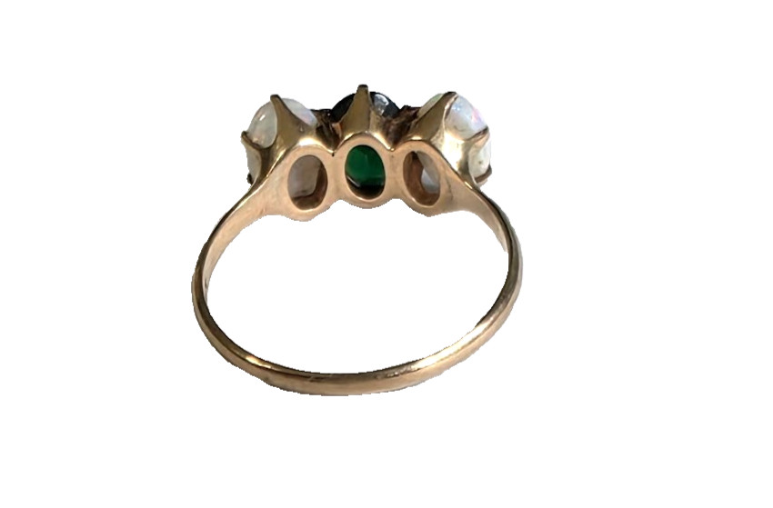 Antique Trilogy Ring Vibrant Opals and Deep Green Center Stone 10k Gold Superb!