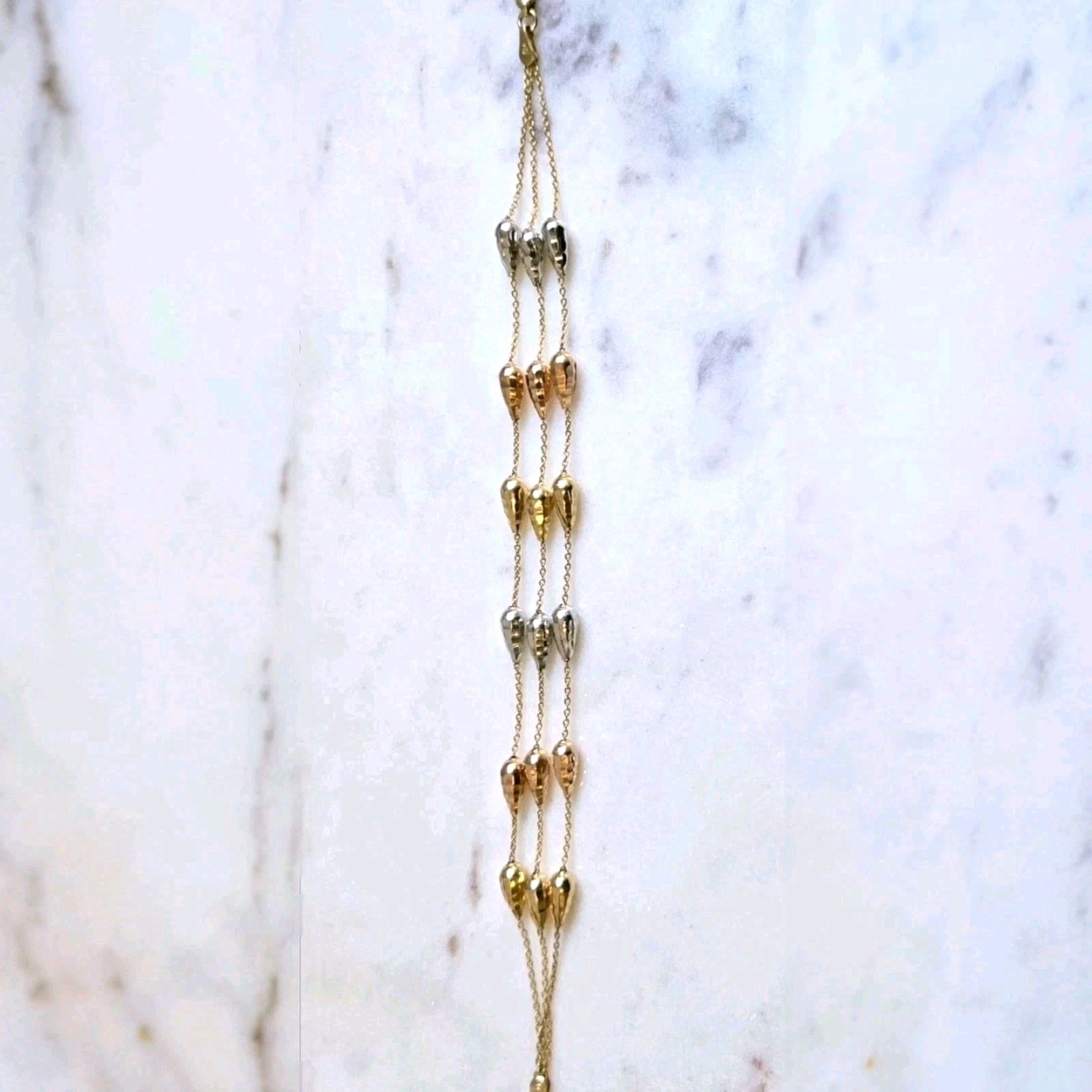14K Gold TriColor Triple-strand Bracelet with 18 Textured Teardrop Beads VINTAGE