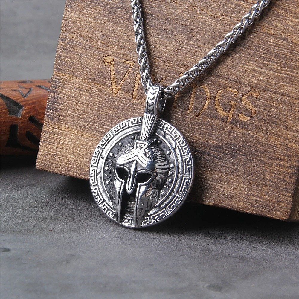 Ancient Greek Warrior Spartan Pendant Stainless Steel Necklace Mens Punk Jewelry