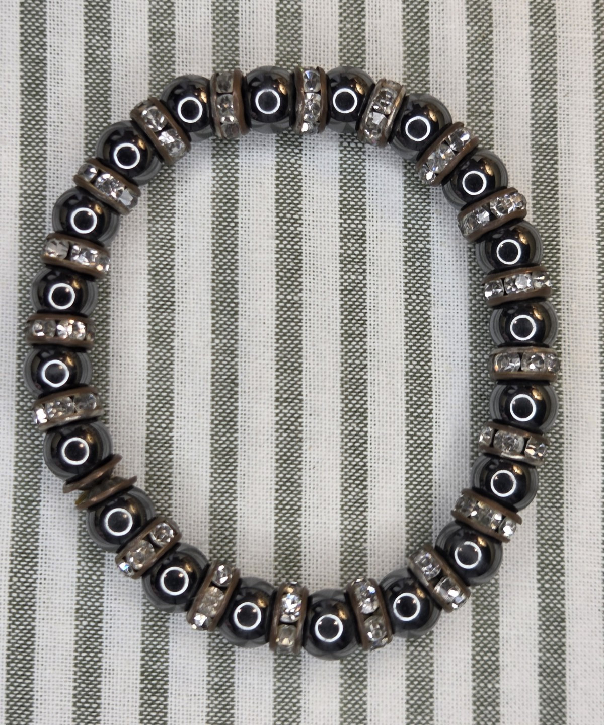 Silver Tone Black Bead Stretch Bracelet w/ Crystal Spacers, No Clasp