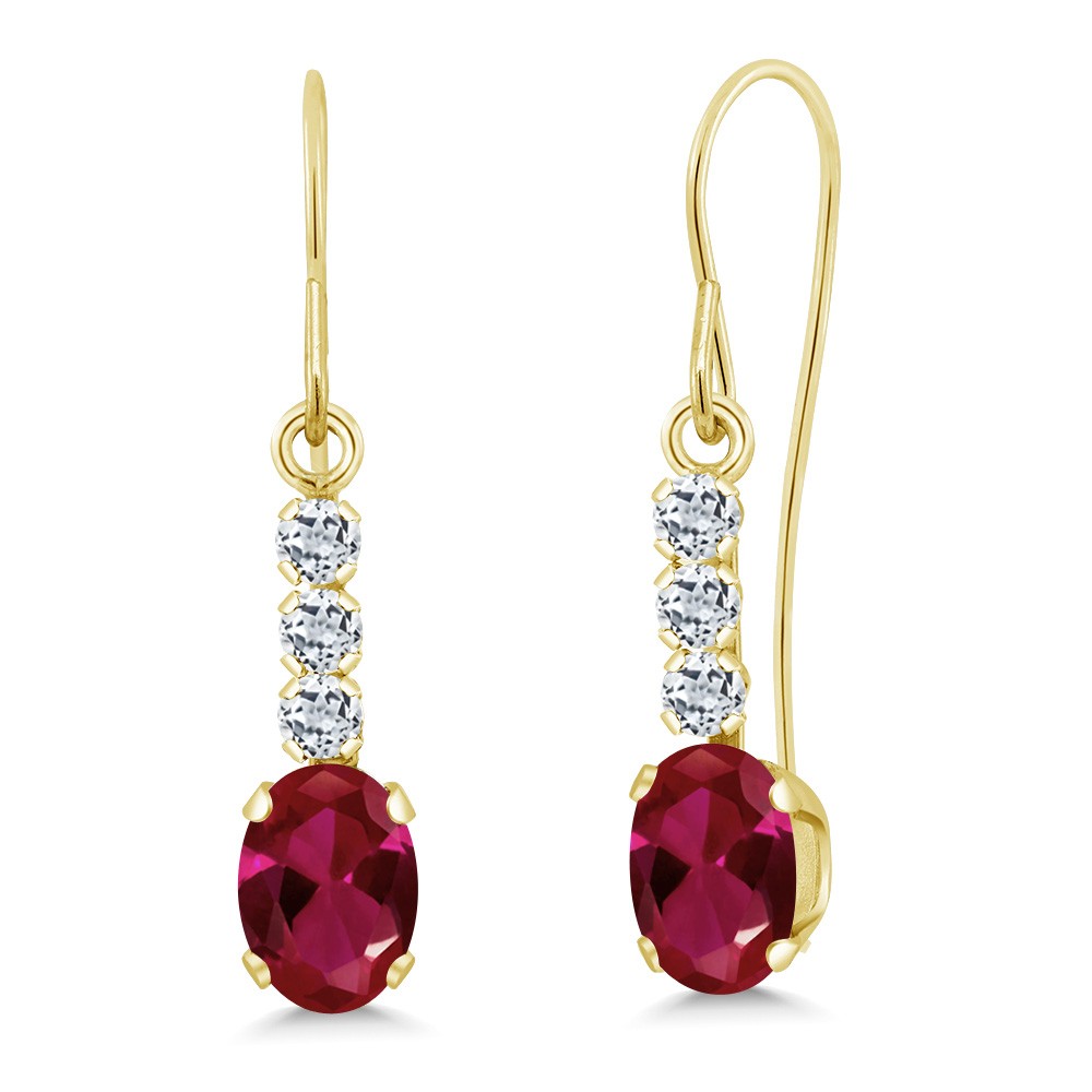 10K Yellow Gold Created Ruby and White Topaz Drop Dangle Earrings For Women |