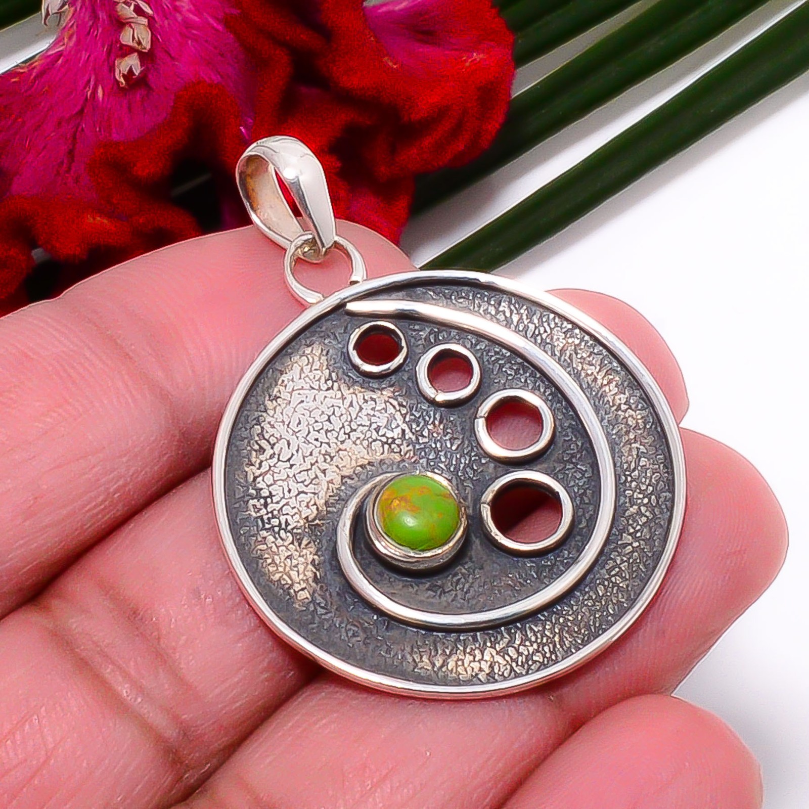 Copper Green Turquoise 925 Sterling Silver Pendant 1.72″ Sk45, Christmas Gift