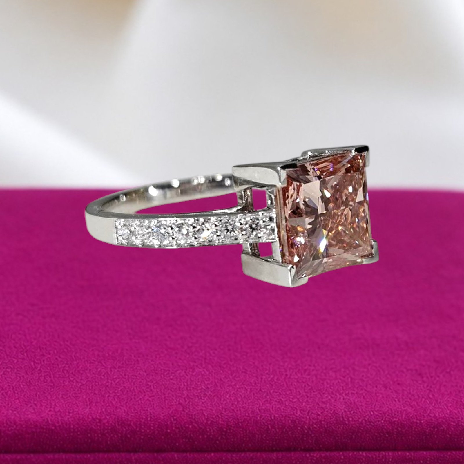 3.20 Ct Fancy Vivid Pink Princess Cut IGI Lab Grown Diamond Ring 14k White Gold