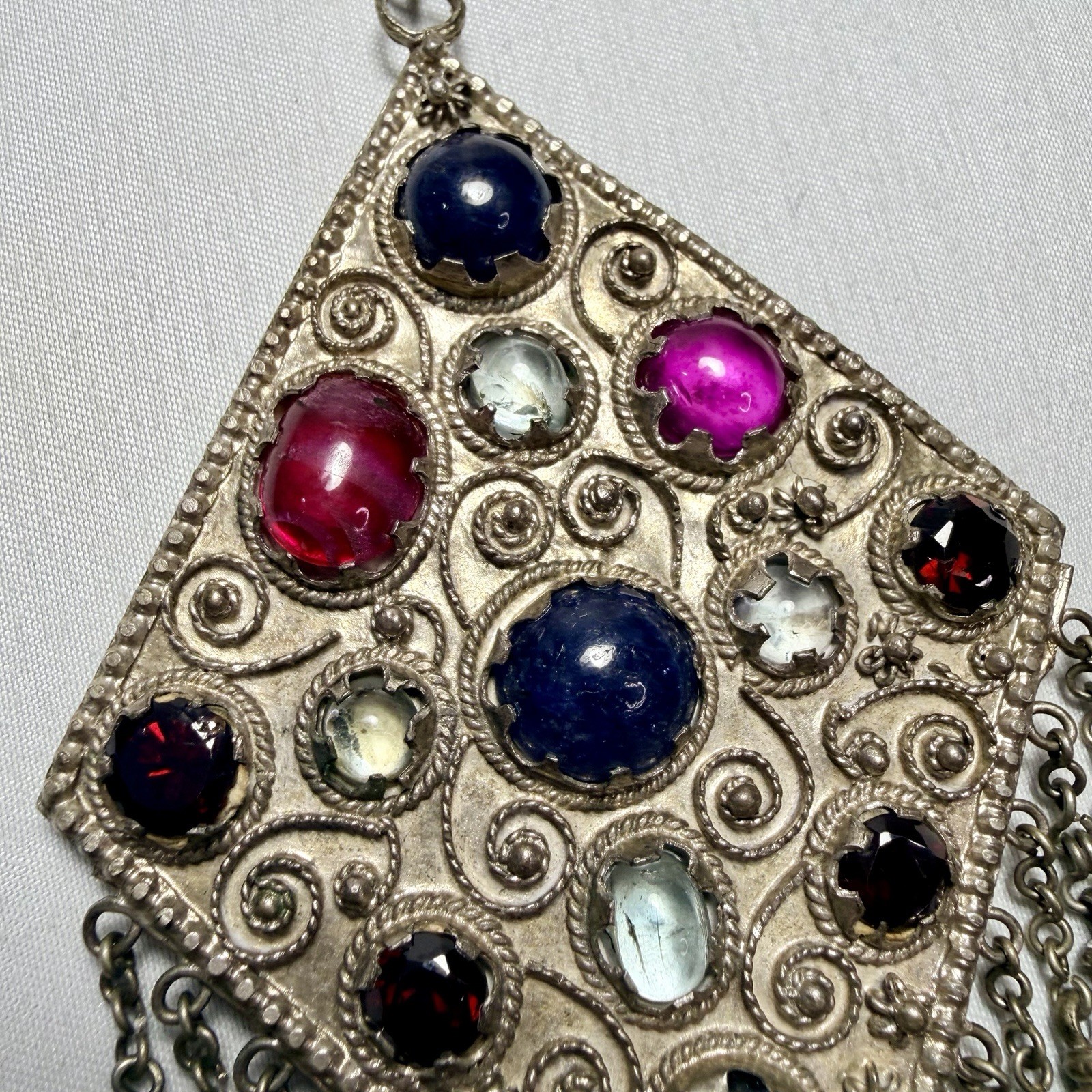 Vintage Kuchi Tribal Pendant Intricate Metalwork Adorned Colored Cabochons
