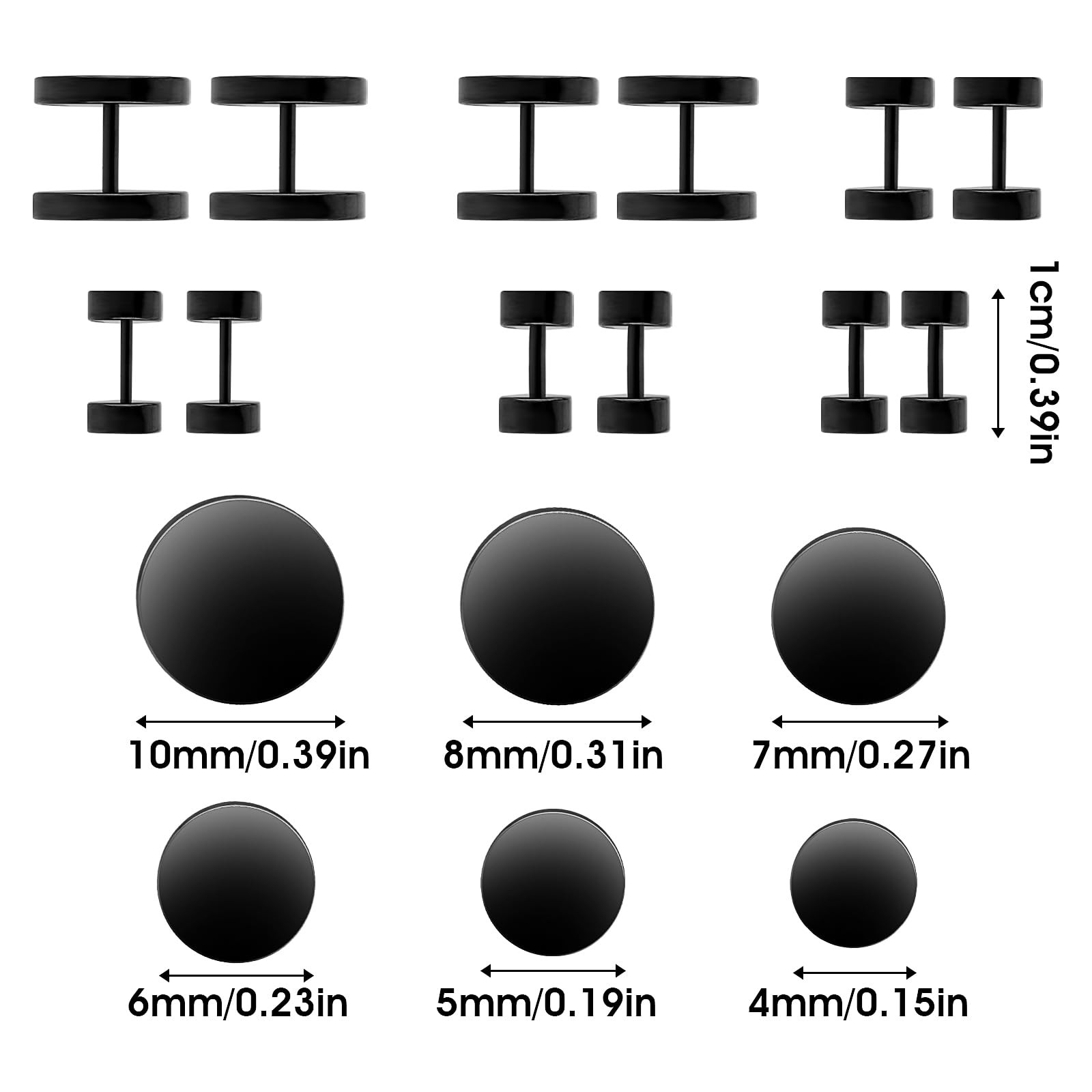 6 Pairs Flat Back Earrings, Black 4mm, 5mm, 6mm, 7mm, 8mm, 10mm,