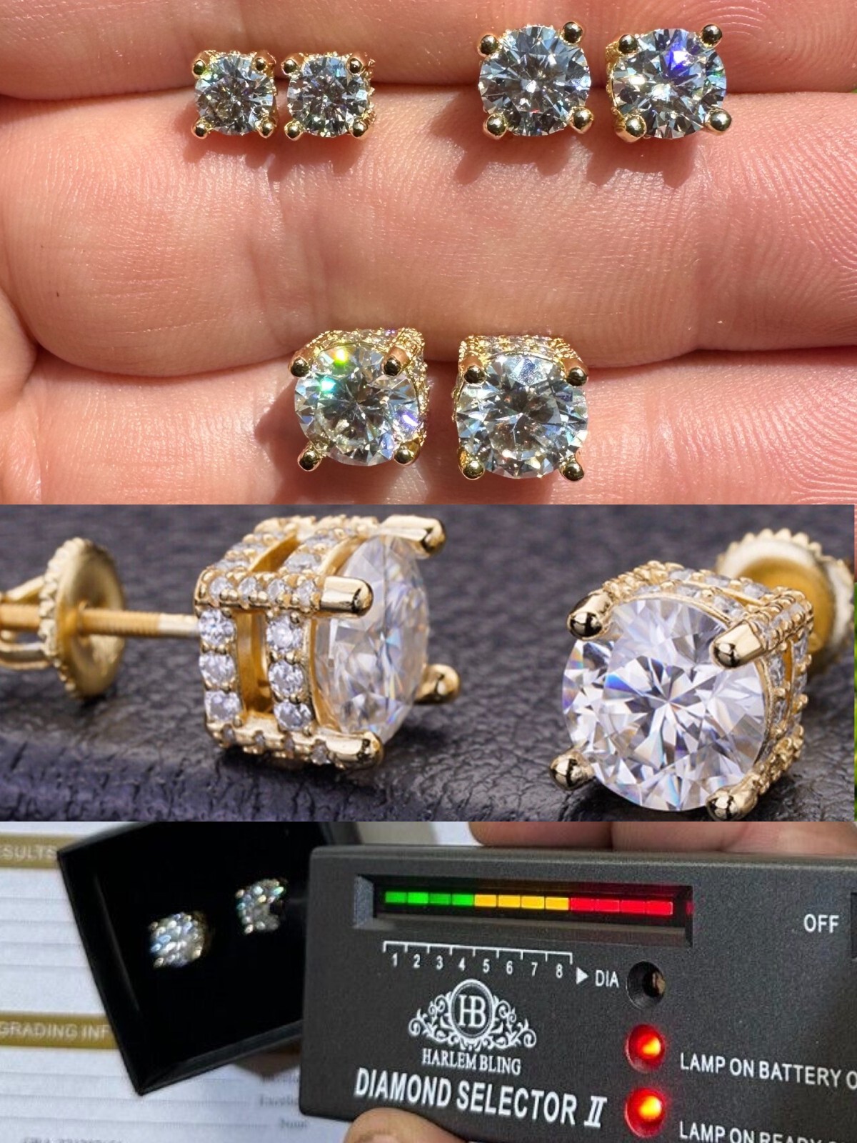Moissanite 3D Iced Solitaire Screwback Stud Earrings Real 14k Gold Plated Silver